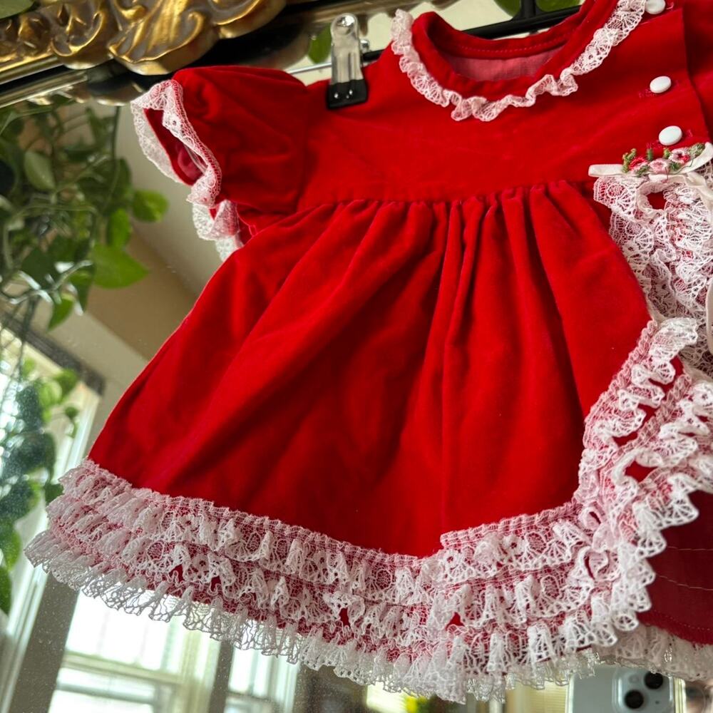 Vintage Cutest One Red Velvet Christmas / Holiday Dress 6-9 Months Festive - Picture 5 of 6